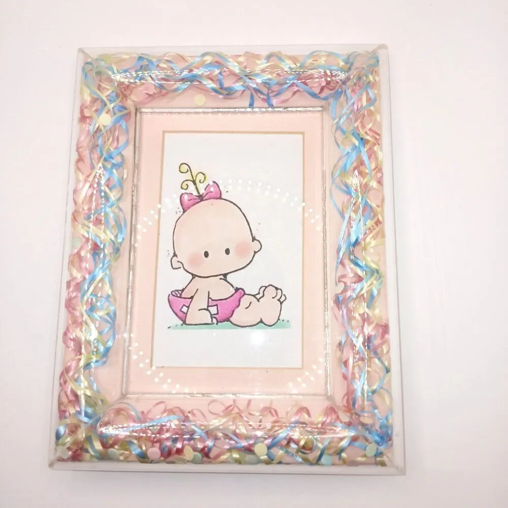 Borden Borders Lucite Confetti Ribbon Baby Pink Blue Picture Frame 4x6 Photo